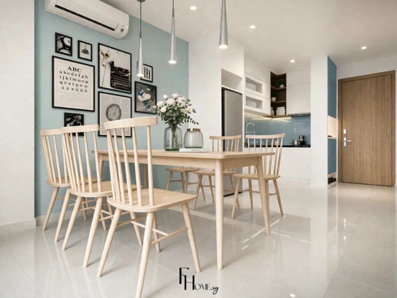 Thiết kế nội thất phòng bếp chung cư 65m2 phong cách Hiện đại bàn gỗ sáng và tường xanh mint