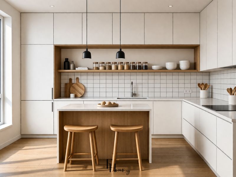 Thiết kế nội thất phòng bếp chung cư 65m2 phong cách Tối giản tủ trắng kết hợp gỗ sáng và đảo bếp