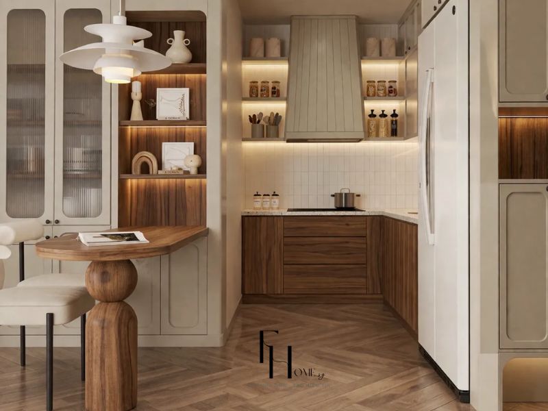 Thiết kế nội thất nhà chung cư 80m2 Wabi Sabi bếp tủ vân gỗ óc chó kệ mở đèn LED ấm máy hút mùi bọc vải