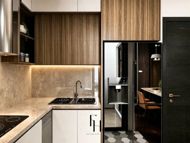 Thiết kế nội thất nhà chung cư 80m2 hiện đại bếp chữ L tủ vân gỗ mặt đá marble gạch lục giác đen trắng