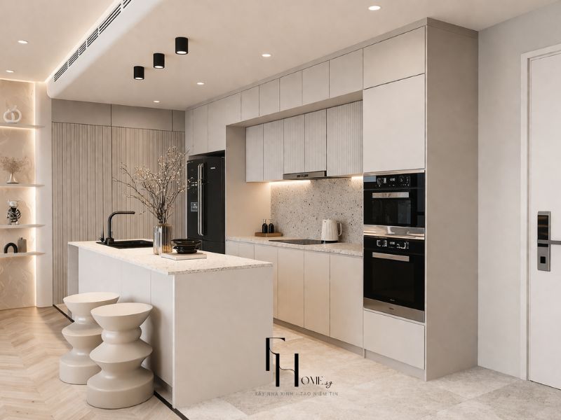 Thiết kế nội thất nhà chung cư 80m2 tối giản bếp đảo mặt đá terrazzo tủ trắng kịch trần