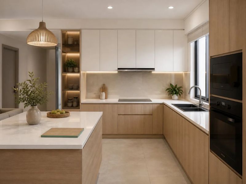 Thiết kế nội thất phòng bếp chung cư bằng gỗ công nghiệp MDF có bàn đảo mặt đá trắng và lò nướng âm tủ 