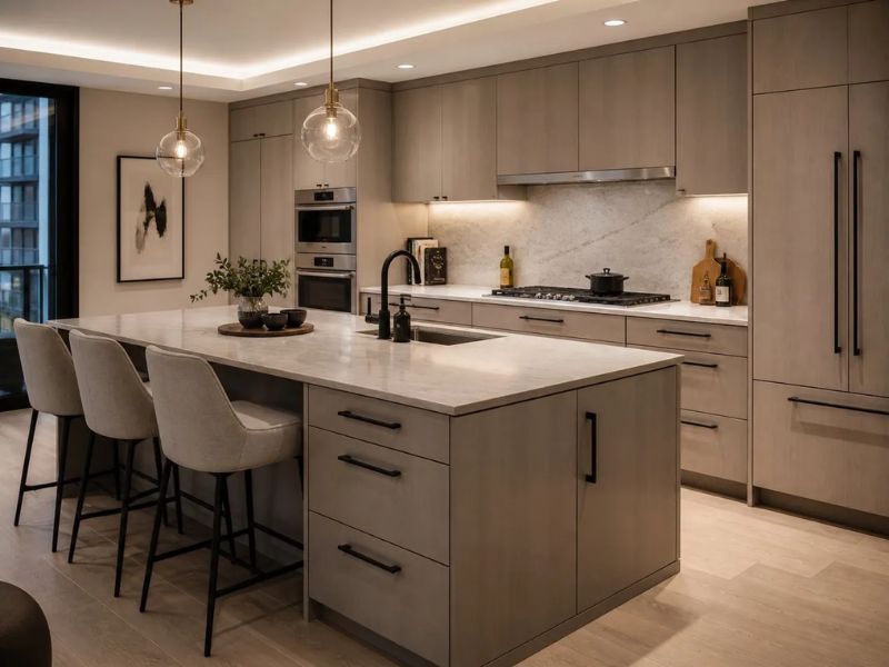Thiết kế nội thất phòng bếp chung cư có bàn đảo bếp be xám mặt đá vân trắng xám kết hợp ghế bar bọc vải xám đèn thả cầu thủy tinh