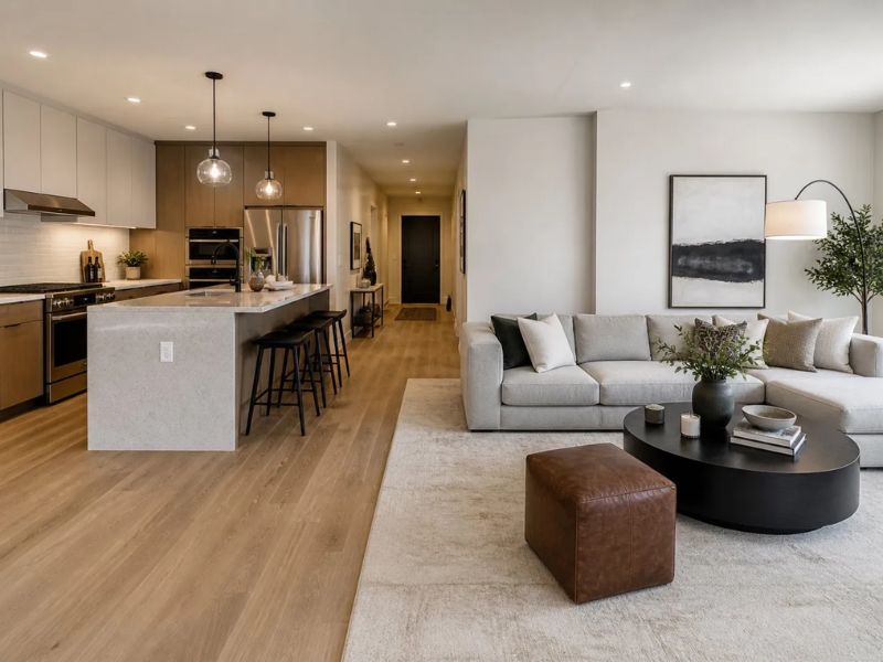 Thiết kế nhà bếp liền phòng khách với tủ bếp chữ L và sofa góc xám nhạt