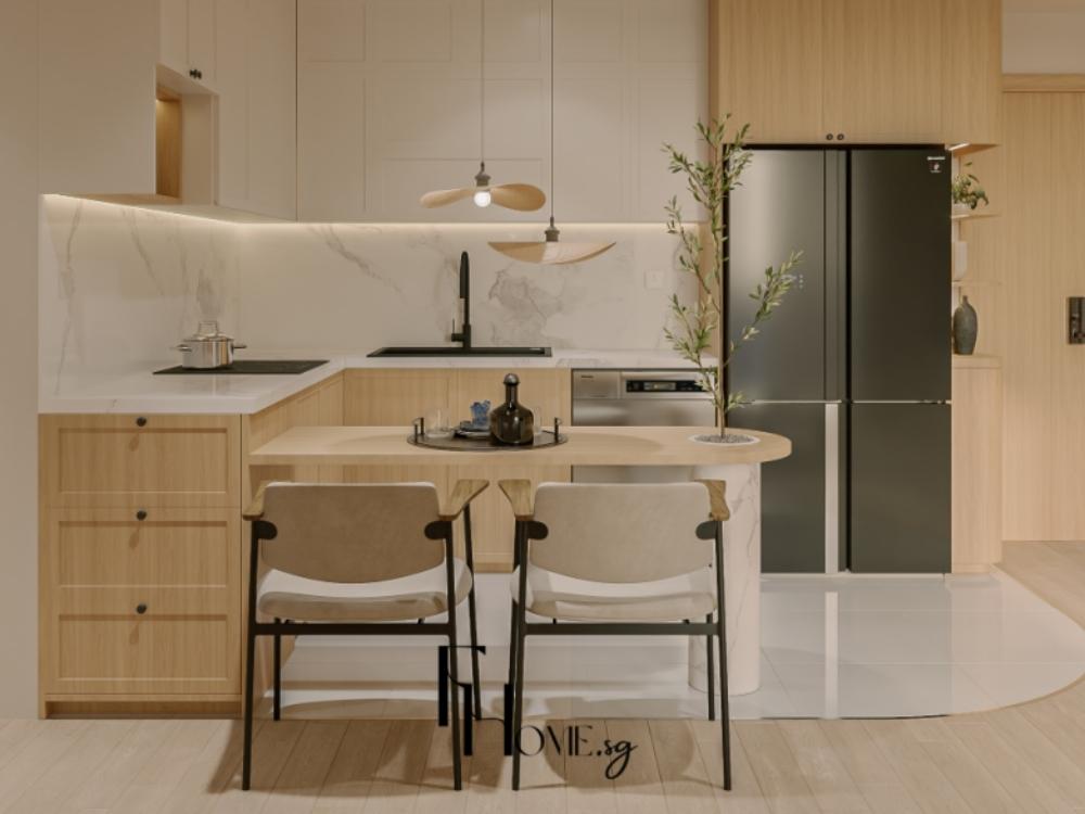 Phòng bếp chung cư với tủ bếp cao cấp, bếp từ và máy hút mùi tạo không gian tiện nghi và dễ vệ sinh.