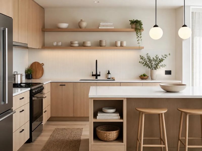 Thiết kế nội thất phòng bếp chung cư phong cách Bắc Âu mặt bếp trắng và đèn cầu thủy tinh