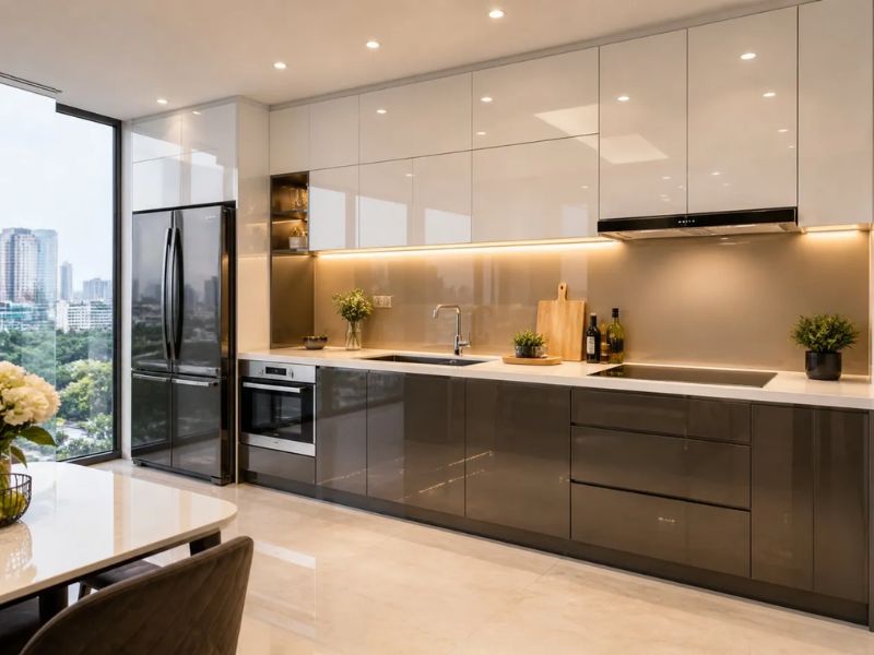 Thiết kế nội thất phòng bếp chung cư phủ Acrylic bóng hai tông trắng ngà và xám nâu kết hợp tường ốp kính mờ vàng đồng