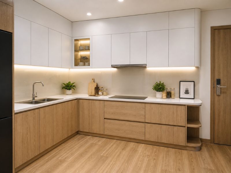 Thiết kế nội thất phòng bếp chung cư phủ Melamine gam màu gỗ ấm kết hợp trắng tinh giản 