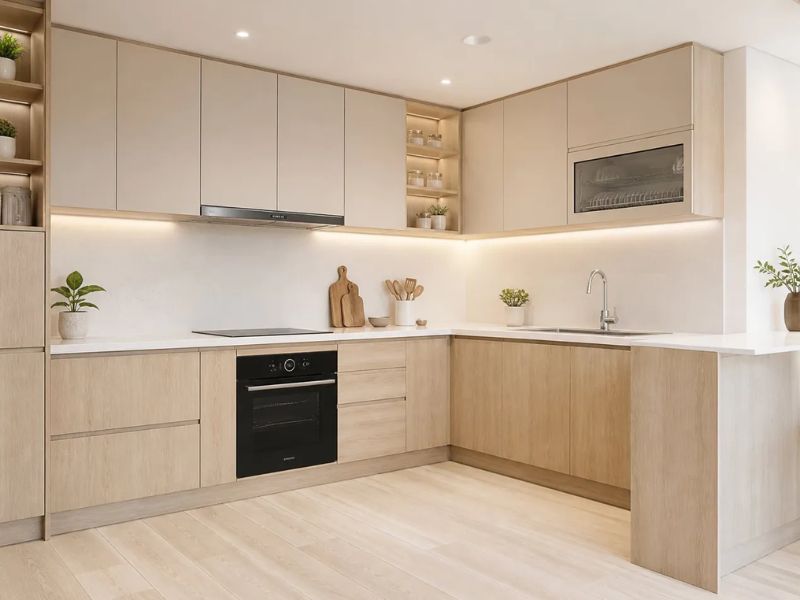 Thiết kế bếp chung cư chữ L be xám vân gỗ sáng phủ Laminate có đèn LED âm và lò nướng