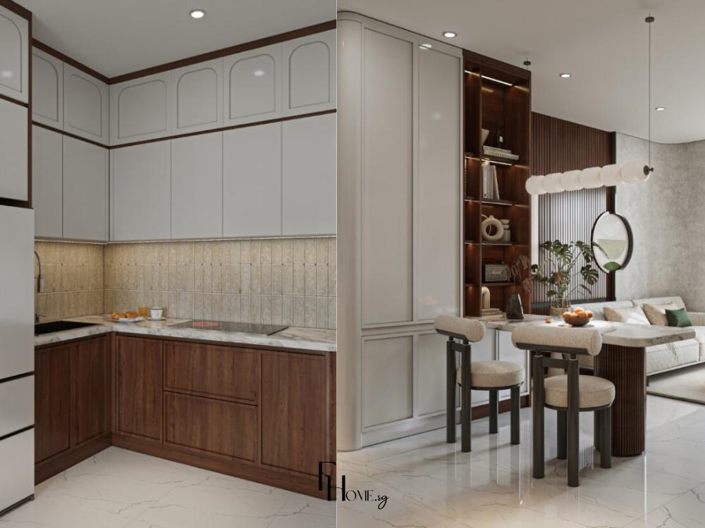 Thiết kế nội thất phòng bếp phong cách Wabi Sabi với bố cục gọn gàng, tông màu ấm áp và những đường nét tinh giản