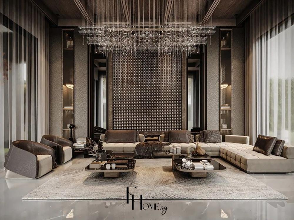 Thiết kế nội thất phòng khách Tân cổ điển kết hợp sang trọng cổ điển và tiện nghi hiện đại, tạo không gian cân đối