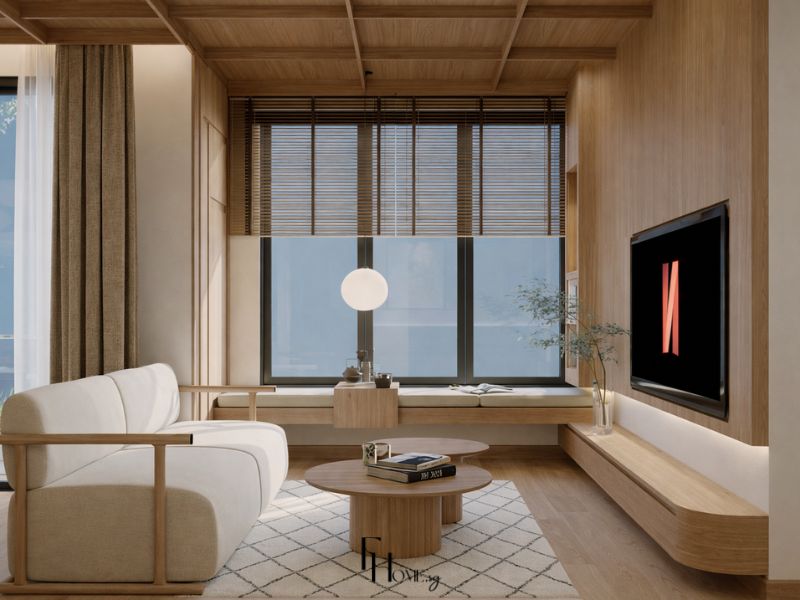 Phòng khách chung cư 50m2 phong cách Nhật Bản với trần gỗ kẻ ô koshi, tường TV ốp veneer vân dọc, sofa khung gỗ sồi trắng kem và bàn trà tròn gỗ walnu