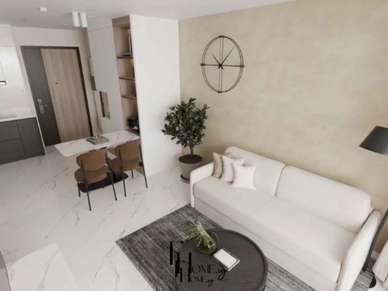 Phòng khách chung cư 50m2 phong cách Tối giản với tường be đất thô matte, sofa trắng kem, bàn trà tròn gỗ tối trên thảm xám và bàn ăn mặt đá marble liền kề