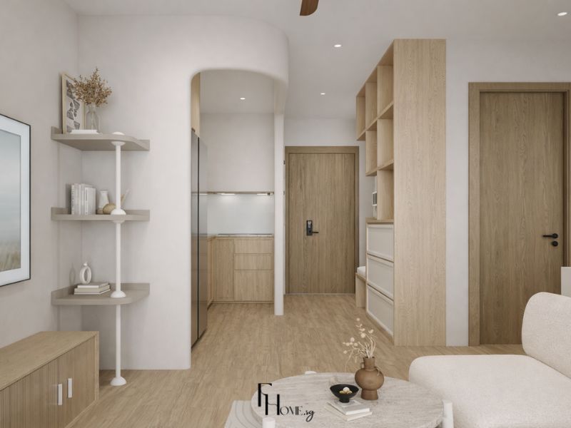 Phòng khách chung cư 50m2 phong cách Wabi Sabi với sàn gỗ sồi sáng, hệ tủ kệ âm tường vân gỗ tự nhiên, sofa bouclé trắng kem và bàn trà mặt đá cẩm thạch