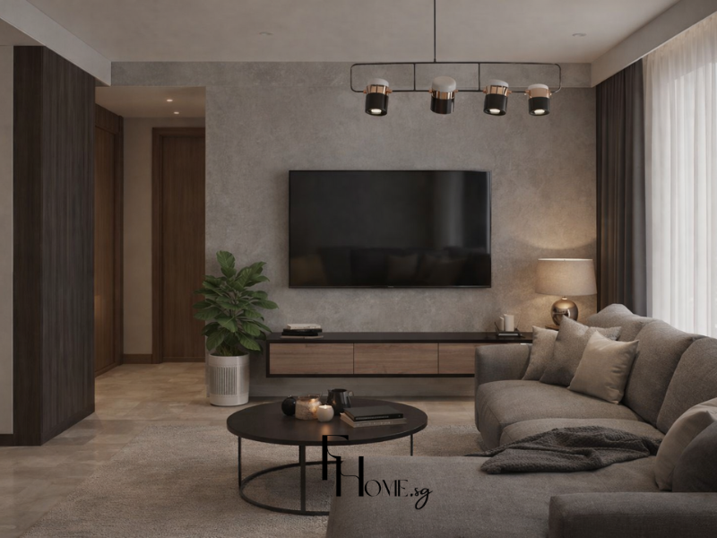 Phòng khách chung cư 50m2 phong cách Tân Cổ Điển với tường TV vữa xi măng xám, kệ treo tường gỗ óc chó nâu trầm, sofa góc xám nâu và đèn thanh đèn chiếu điểm đầu đồng