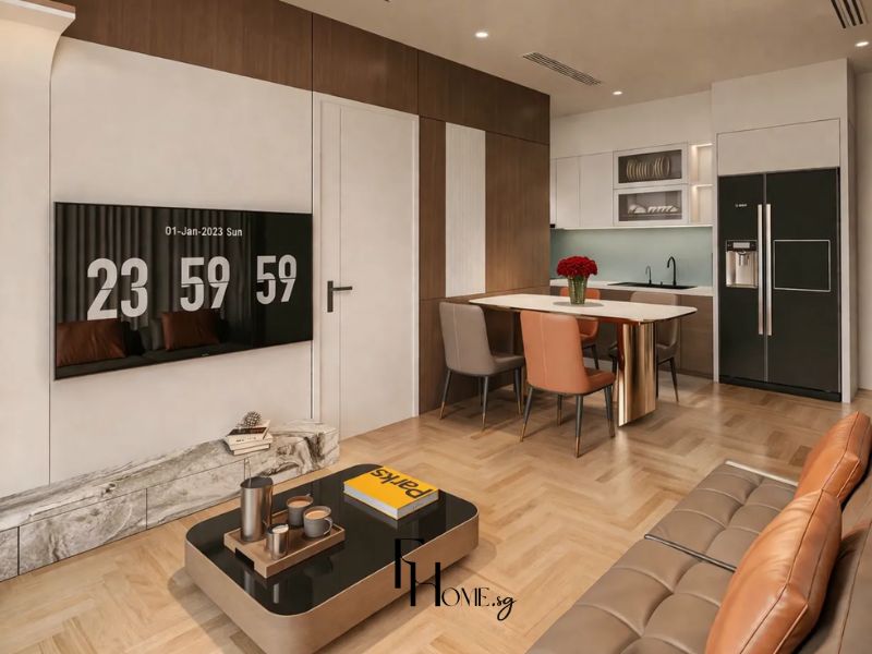 Thiết kế nội thất phòng khách chung cư 65m2 2 phòng ngủ sofa da nâu caramel bàn trà kính đen và kệ TV gỗ