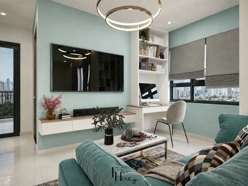 Phòng khách chung cư 65m2 tường accent xanh ngọc ghế sofa xanh bàn trà đá mạ vàng góc làm việc tích hợp