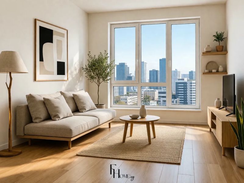 Thiết kế nội thất phòng khách chung cư 65m2 phong cách Tối giản sofa vải xám chân gỗ và sàn gỗ sáng