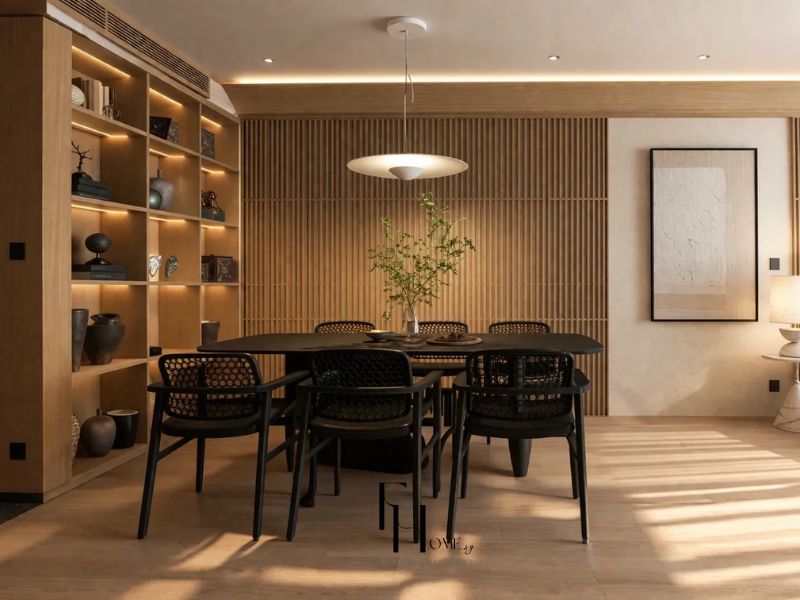 Thiết kế nội thất chung cư 80m2 Japandi khu ăn bàn gỗ đen ghế mây kệ mở LED ấm tường lam gỗ