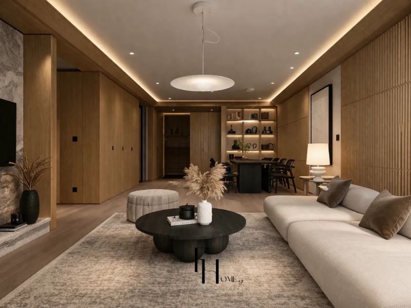 Thiết kế nội thất nhà chung cư 80m2 Japandi phòng khách liên thông khu ăn tủ âm gỗ sồi đèn thả đĩa trắng