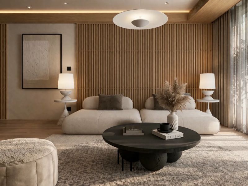Thiết kế nội thất chung cư 80m2 Japandi phòng khách sofa be thấp bàn cà phê gỗ đen tường lam gỗ sồi