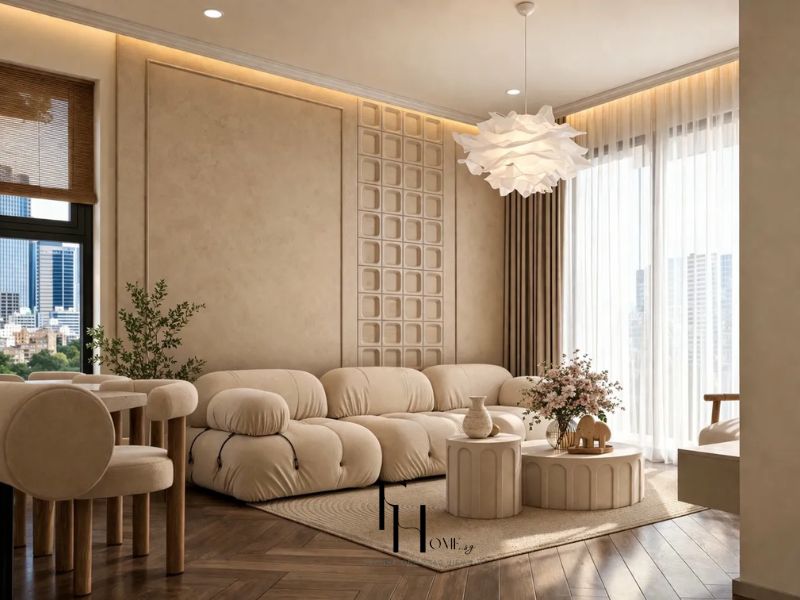 Góc nhìn tổng thể phòng khách sofa be tường phào nổi ánh sáng tự nhiên