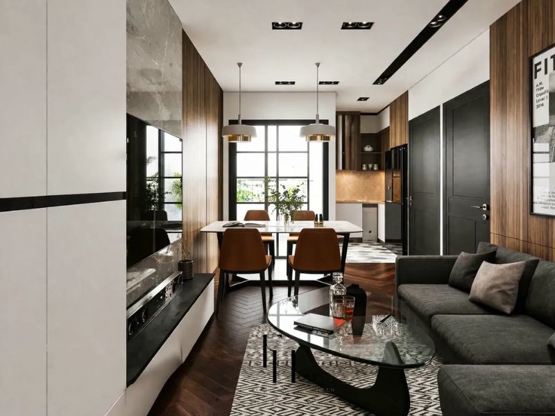 Thiết kế nội thất chung cư 80m2 hiện đại phòng khách sofa xám liên thông bếp gỗ vân nâu đèn thả vàng đồng