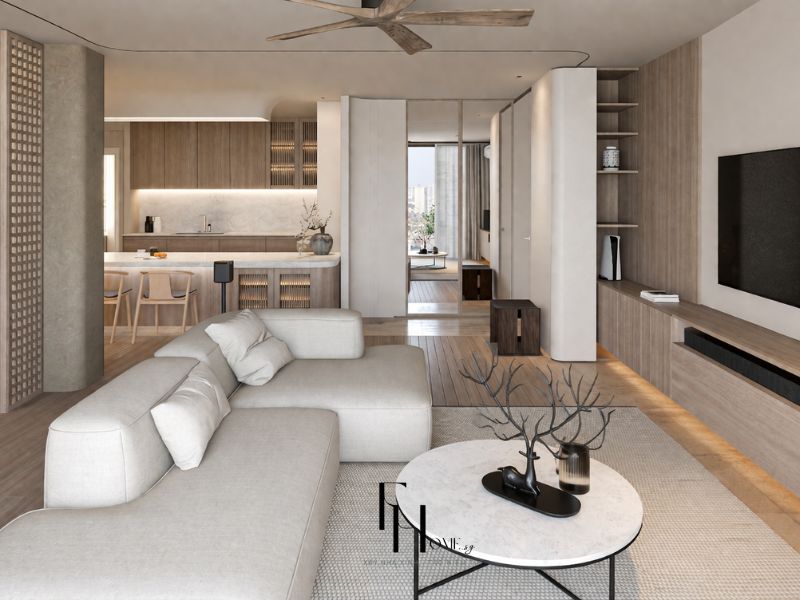 Thiết kế nội thất chung cư 80m2 tối giản phòng khách sofa góc be liên thông bếp đảo mặt đá