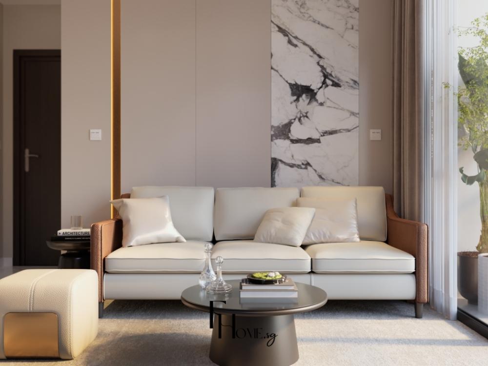 Phòng khách chung cư với sofa vàng nhạt, bàn trà gỗ tự nhiên