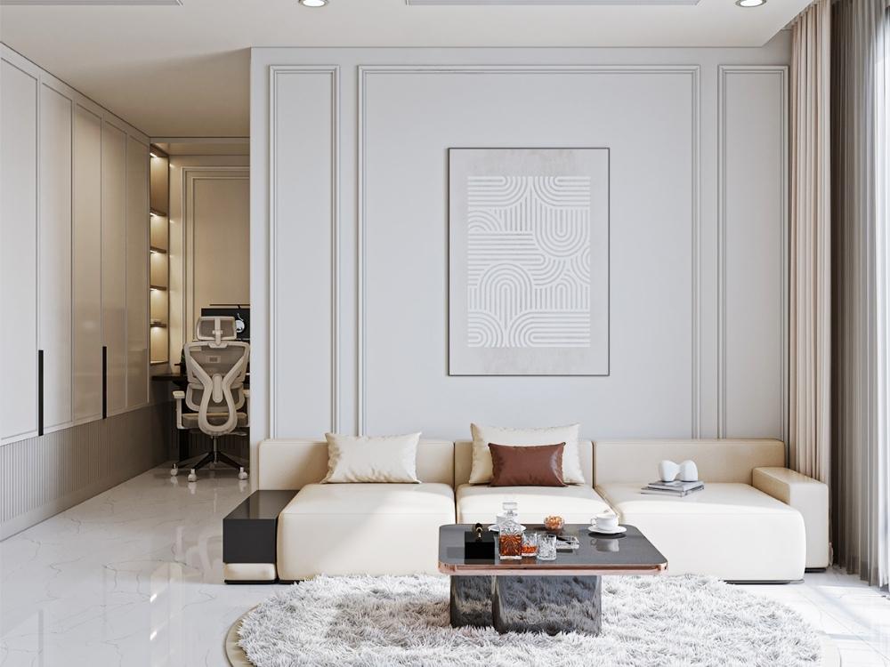 Phòng khách chung cư với sofa vải sáng, bàn trà thuỷ tinh và tông màu trắng chủ đạo