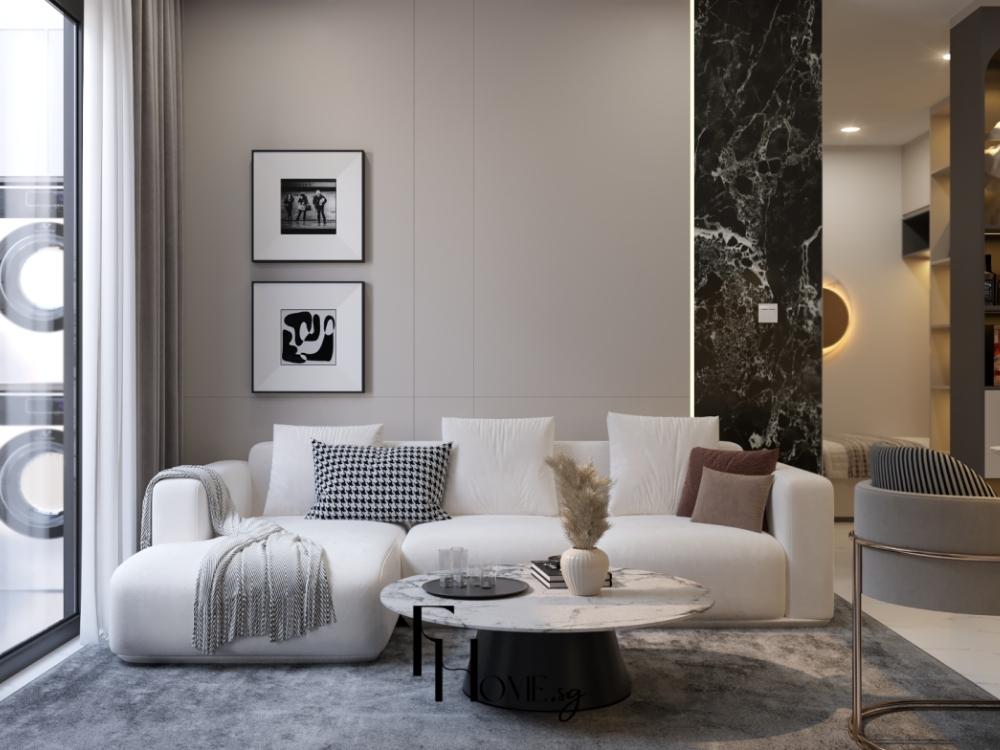 Thiết kế nội thất phòng khách chung cư với tông màu xám bộ sofa màu trắng sang trọng