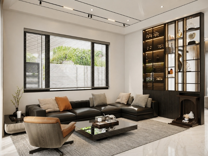 Thiết kế nội thất phòng khách nhà phố 2 tầng 4 phòng ngủ sofa da