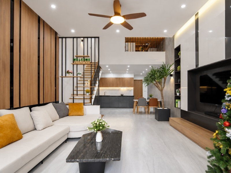 Thiết kế nội thất phòng khách nhà phố 2 tầng 80m2 thông tầng thoáng đãng