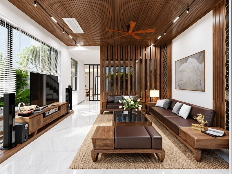 Thiết kế nội thất phòng khách nhà phố 2 tầng chữ L sang trọng