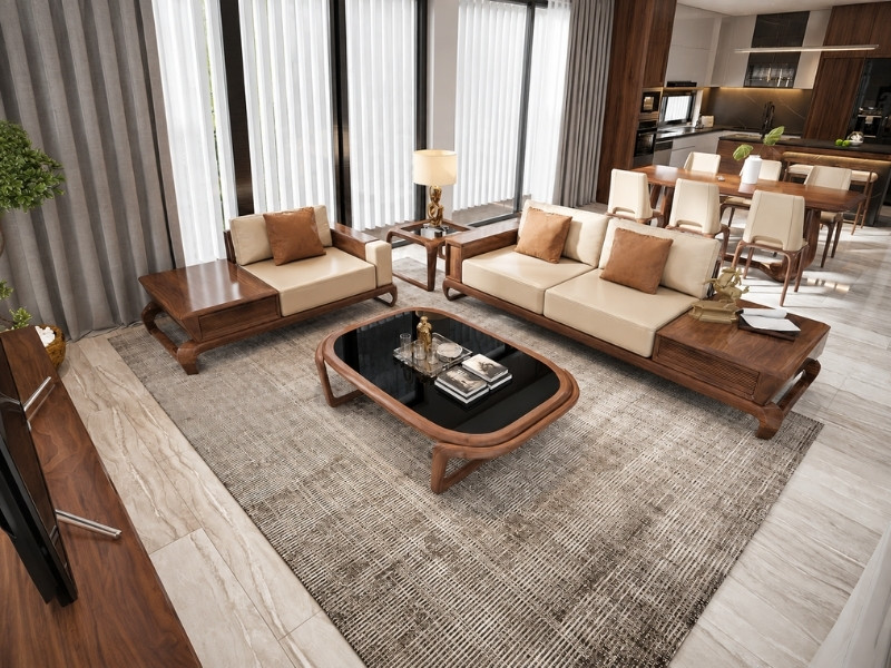 Thiết kế nội thất phòng khách nhà phố 2 tầng 240m2 vật liệu chủ đạo gỗ óc chó