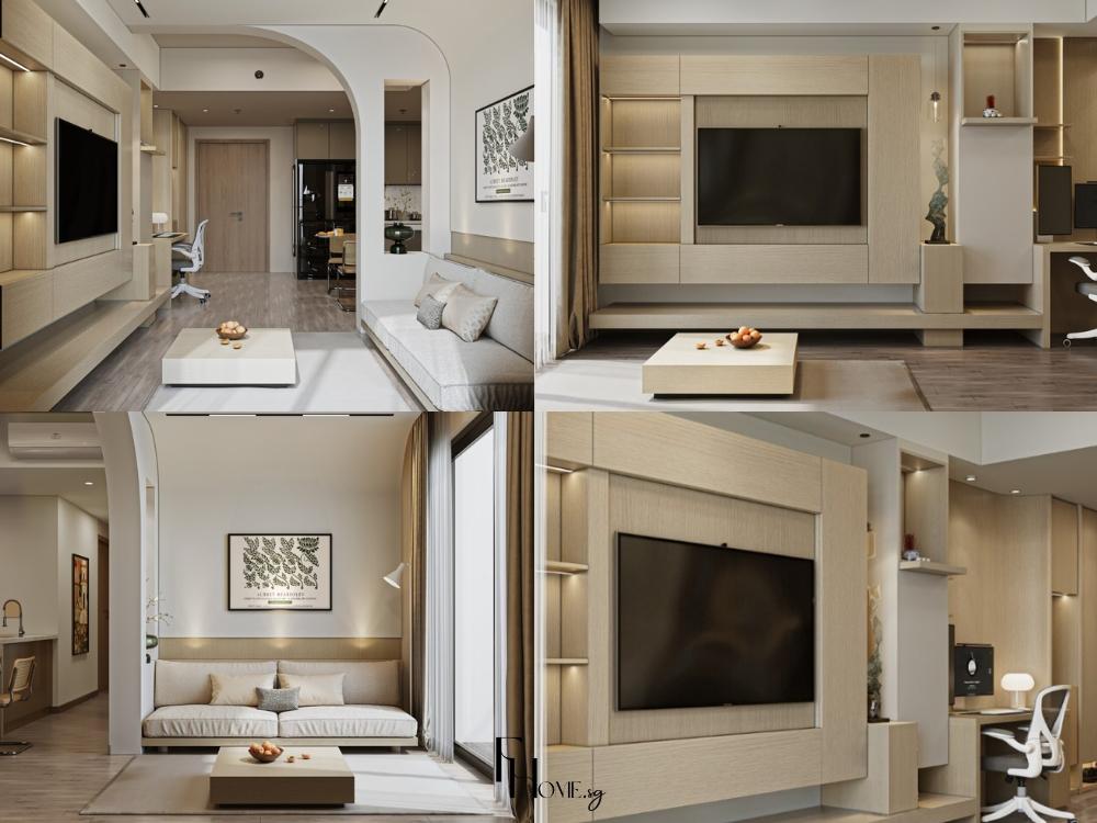 Thiết kế nội thất phòng khách phong cách Minimalism với không gian gọn gàng, bố cục tối giản và tông màu đơn sắc