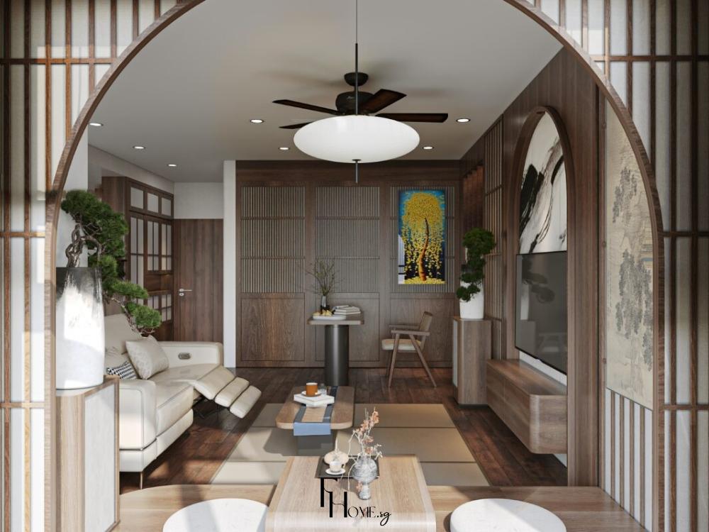 Thiết kế nội thất phòng khách phong cách Nhật Bản với không gian tối giản, ánh sáng tự nhiên tràn ngập