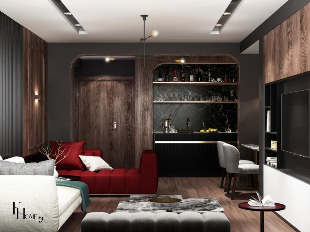 Thiết kế nội thất phòng khách phong cách Tân cổ điển với bố cục đối xứng, phào chỉ tinh tế và nội thất đường cong mềm mại