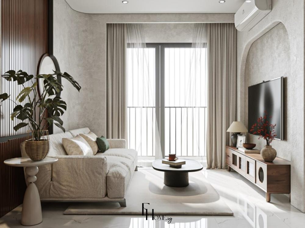 Thiết kế nội thất phòng khách phong cách Wabi Sabi với nội thất đơn giản, sử dụng vật liệu thô mộc và tông màu đất như nâu, be, xám