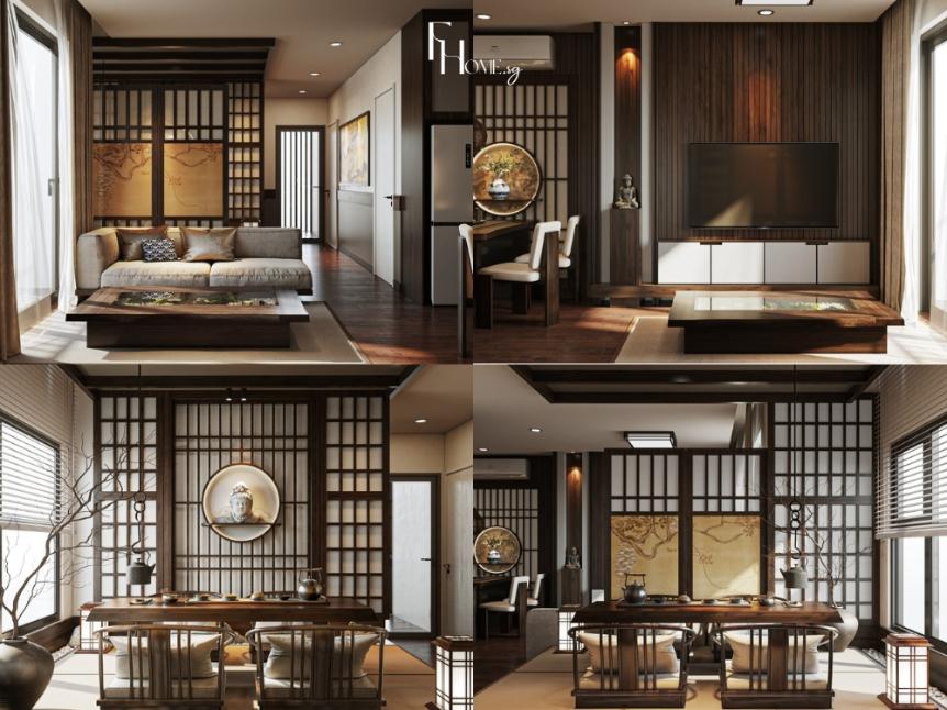 Thiết kế nội thất phòng khách phong cách Zen với không gian rộng rãi, bố cục tối giản và ánh sáng nhẹ nhàng