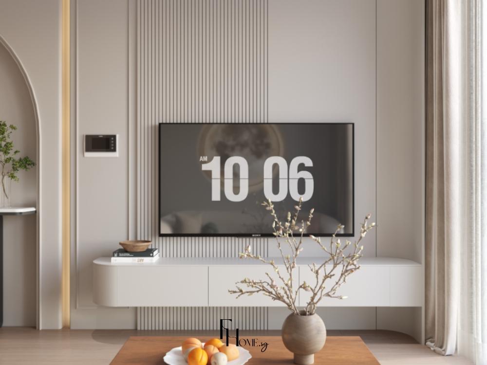 Thiết kế nội thất phòng khách phong cách hiện đại tập trung vào sự gọn gàng với kệ tivi đơn giản kết hợp các đường nét thẳng tinh tế