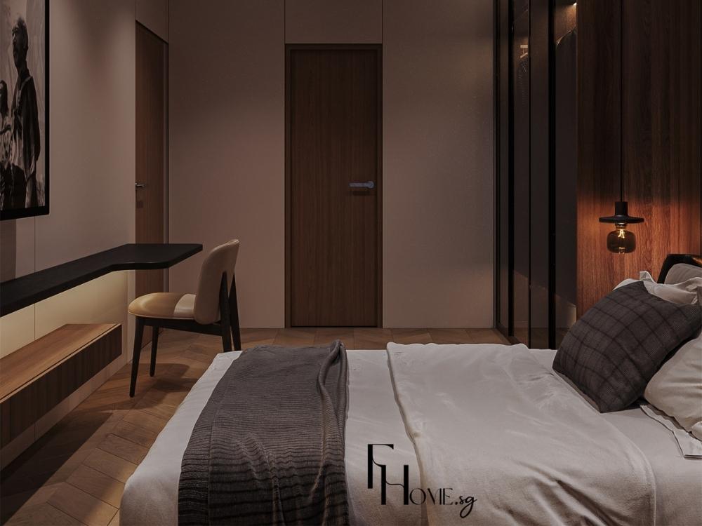 Thiết kế nội thất phòng ngủ 9m² với giường đôi thoải mái, góc làm việc gọn và tủ 2 cánh, gam màu trung tính