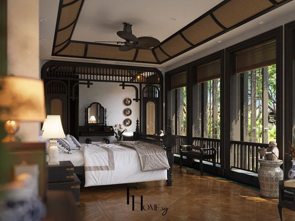 Thiết kế nội thất phòng ngủ Indochine mang vẻ sang trọng tinh tế, hòa quyện tinh hoa phương Đông và hiện đại