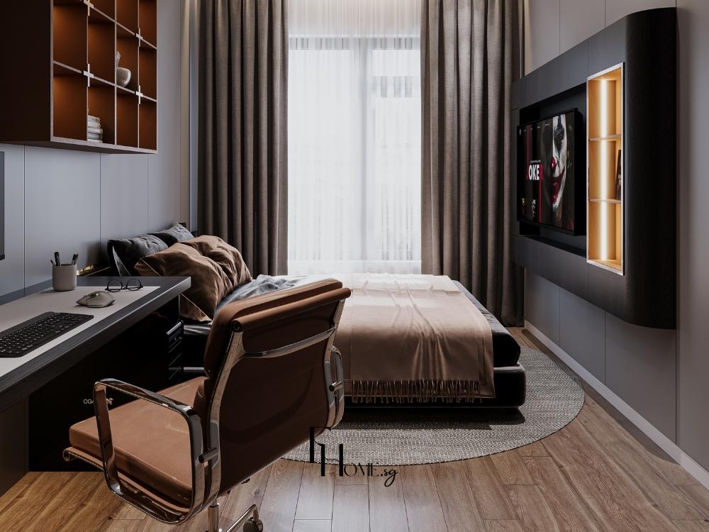 Thiết kế nội thất phòng ngủ Luxury sử dụng vật liệu da, gỗ quý và tông màu tối