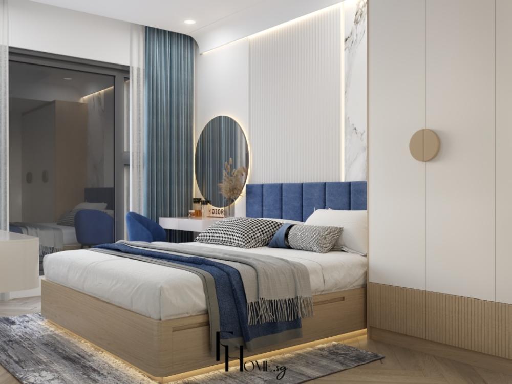 Phòng ngủ master chung cư với tủ quần áo walk-in, bàn trang điểm và đèn ngủ tạo không gian tiện nghi và sang trọng.