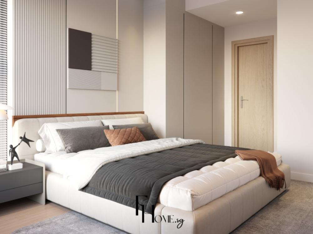 Phòng ngủ master chung cư với cửa sổ lớn, sàn gỗ công nghiệp và đèn âm trần êm dịu tạo không gian thư giãn và sang trọng.