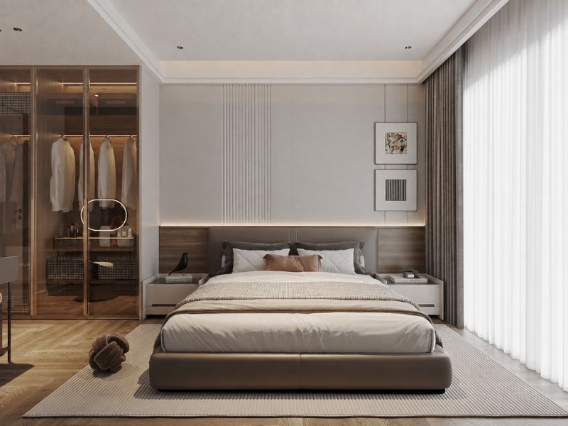 Thiết kế nội thất chung cư 105m2 3 phòng ngủ với phòng ngủ chính và tủ kính