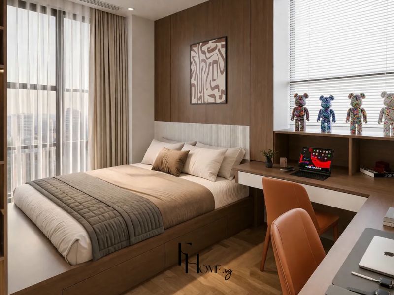 Thiết kế nội thất phòng ngủ chính chung cư 65m2 2 phòng ngủ đầu giường ốp gỗ nâu và bàn làm việc liền kệ cạnh cửa sổ