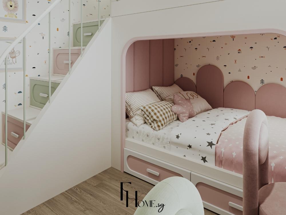Thiết kế nội thất phòng ngủ cho bé gái với giường tầng an toàn, kết hợp cầu thang là ngăn chứa đồ tiện lợi