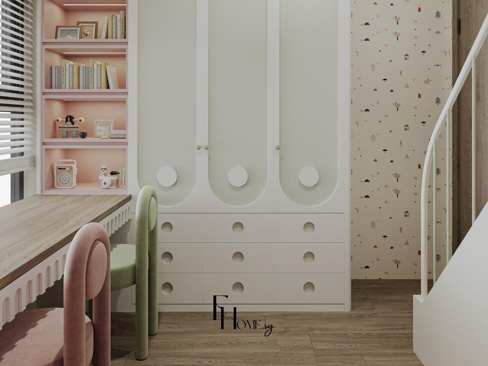 Thiết kế nội thất phòng ngủ cho bé gái với nội thất gỗ tự nhiên bo góc an toàn, dán tường họa tiết, cùng khu vực học tập